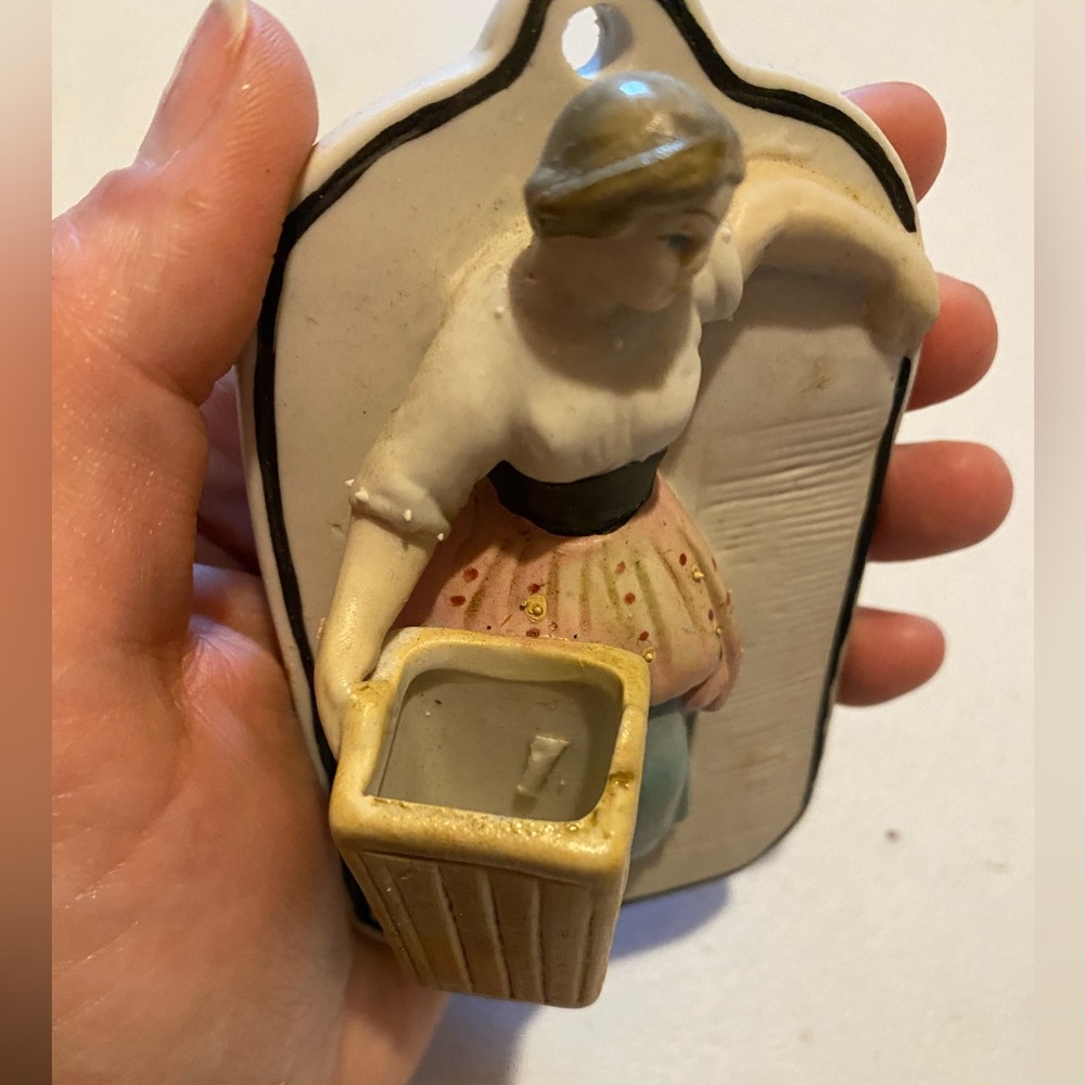 Vintage Bisque Porcelain Match Holder Woman with Basket Wall Hanging Plaque - Picture 7 of 8